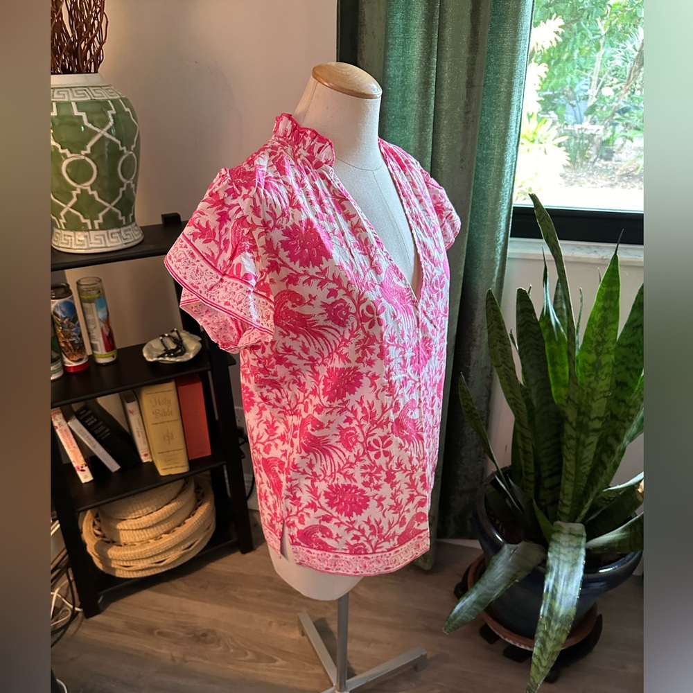 La Plage Ruthie Ruffle Top, Pink Bird - Picture 2 of 8